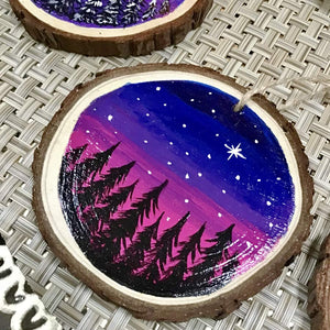 Pink Purple Sky with Trees - Hand Painted Wooden Round Ornament by Artist Donna Lisa