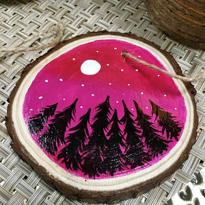 Enchanting Pink Sky with Trees - Hand Painted Wooden Round Ornament by Artist Donna Lisa