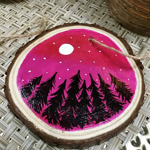 Enchanting Pink Sky with Trees - Hand Painted Wooden Round Ornament by Artist Donna Lisa