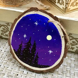 Purple Sky Trees Full Moon - Hand Painted Wooden Round Ornament by Artist Donna Lisa