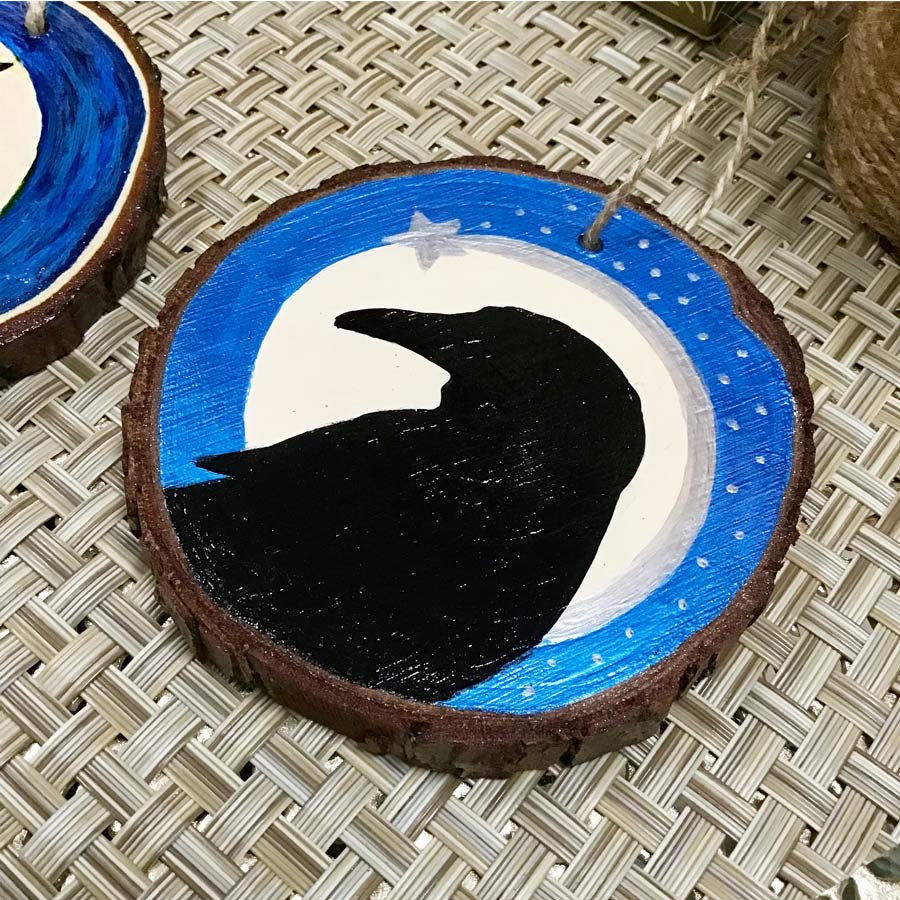 Magical Raven Silhouette Shooting Star Hand Painted Wooden Round Ornament by Artist Donna Lisa