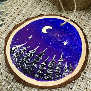Purple Sky Trees Crescent Moon - Hand Painted Wooden Round Ornament by Artist Donna Lisa